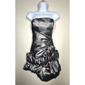 VTG Metallic Silver Strapless‎ Dress Medium Ruched Rosette Bubble Hem ICONIC EUC
